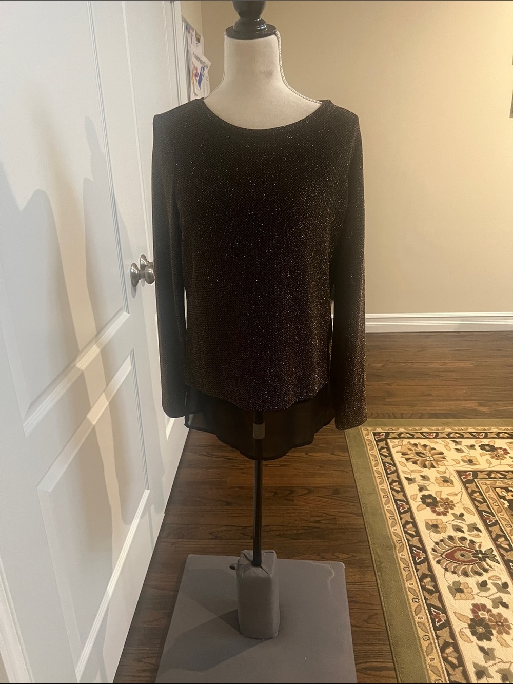 INC International Concepts Black and Gold Metallic Sheer-Hem Top /Blouse